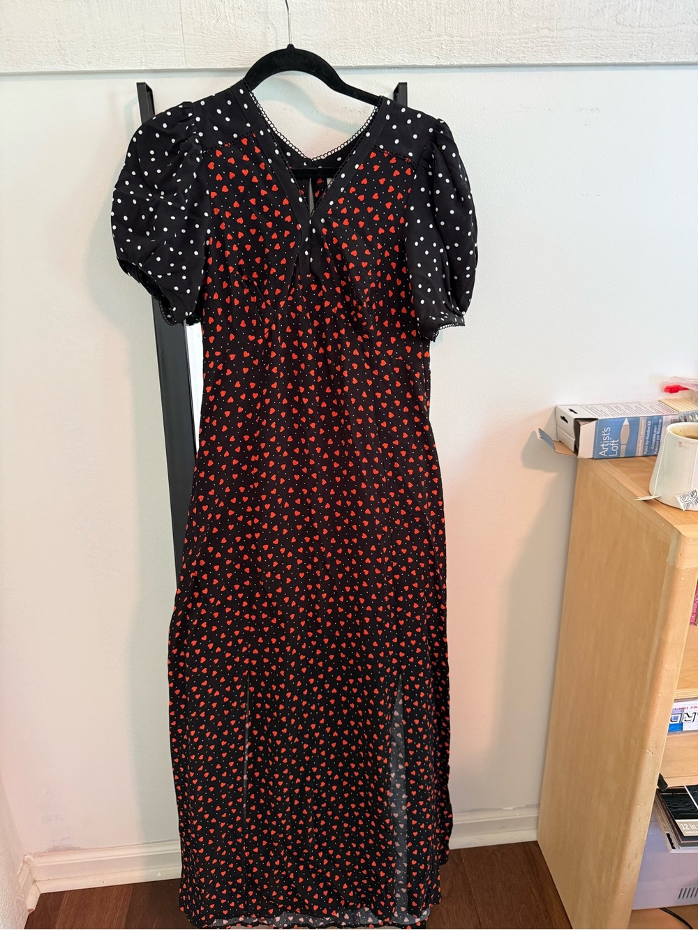 Maeve Black Maxi Dress with Red Heart Print and Polka Dot Puff Sleeves NWT